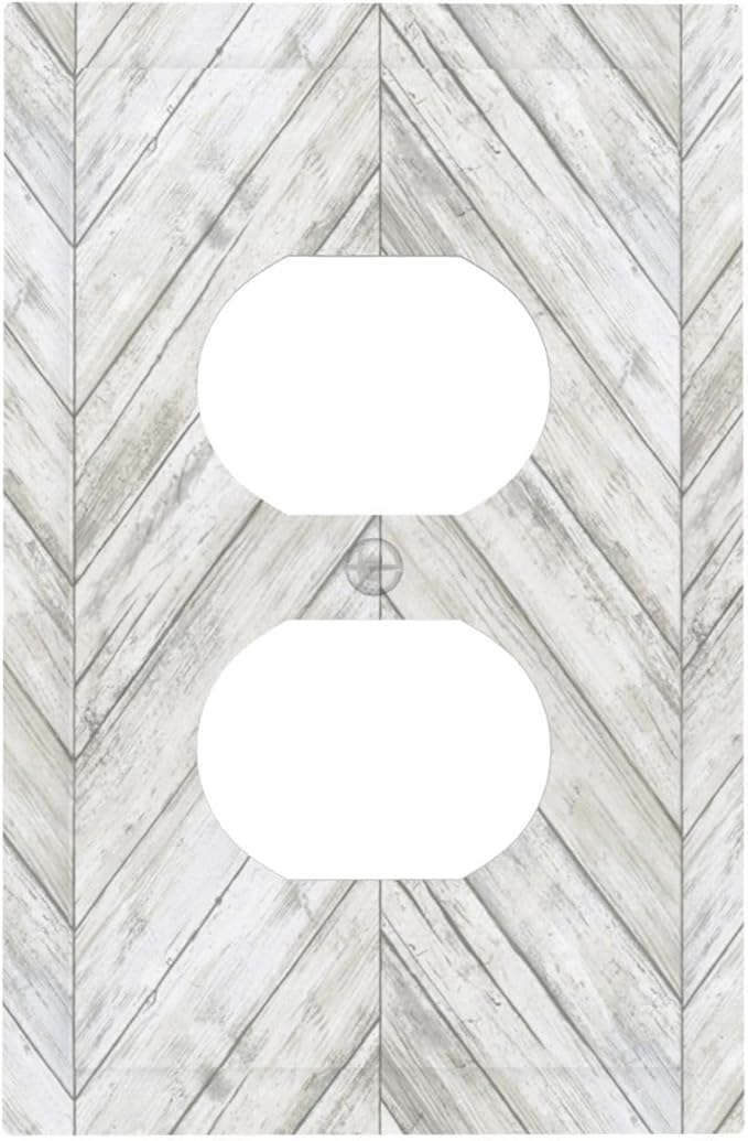 Rustic White Gray Herringbone Wood 1 Gang Outlet Plate Covers Decorative Single Duplex Wall Plate Vintage Country Electrical Faceplate Light Switch Cover Switchplate for Farmhouse Living Room Decor