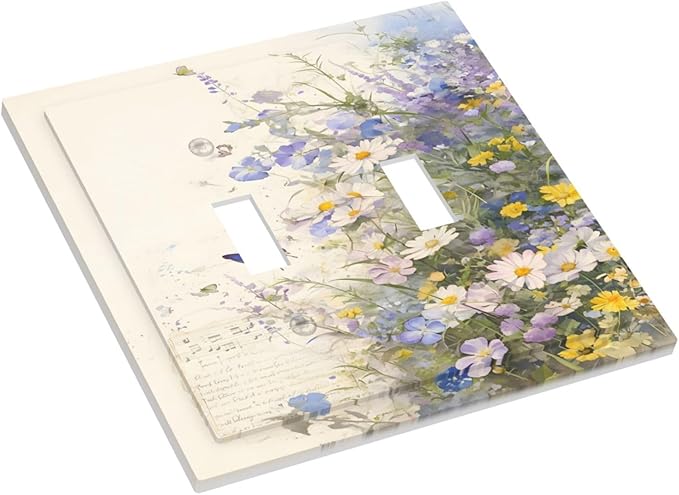 Decorative Light Switch Cover Plate Purple Flower Butterfly Yellow Daisy 2 Gang Switch Plate Covers Double Toggle Wall Plate Dual Device Faceplate for Bathroom Decor