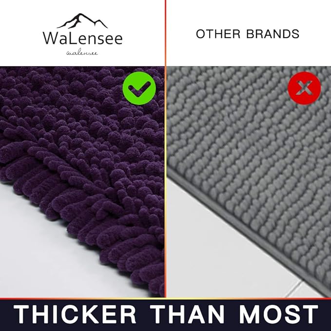 Walensee Bathroom Rug 2 Pieces Set Non Slip Bath Mat (20"x32" Plus 20"x32" Dark Purple) Water Absorbent Super Soft Shaggy Chenille Machine Washable Dry Extra Thick Perfect Carpet for Shower Floor
