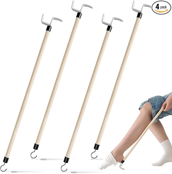 Geelin 4 Pcs 27'' Long Dressing Stick for Elderly Disabled Limited Mobility Dressing Aid for Pants Shoes Socks Shirts Daily Living Aid Hip Replacement Nursing Home Essential Items