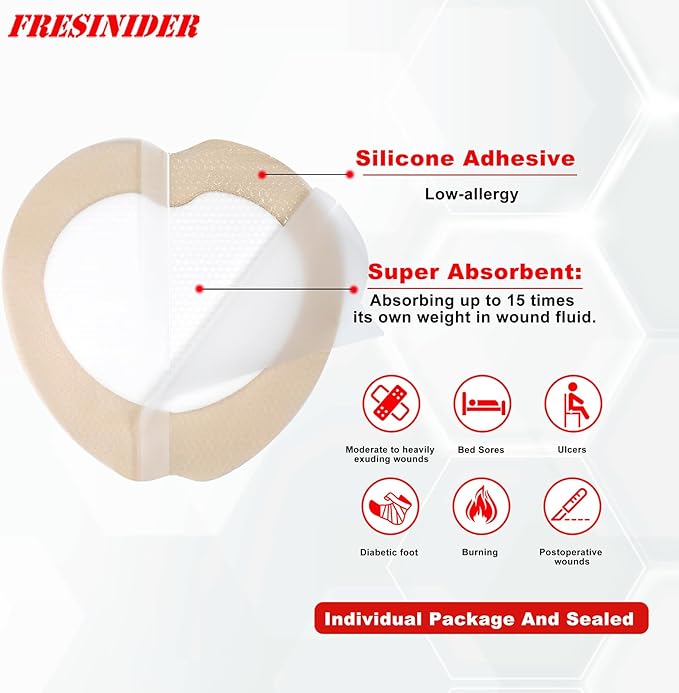 FRESINIDER 7"x7" (Pack of 10) Wound Silicone Sacral Foam Dressing Sacrum Foam Adhesive with Border - Waterproof Absorbent Breathable Bed Sore Pressure Pads