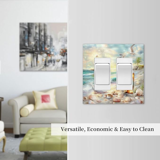 Decorative Outlet Covers Beach Ocean Lighthouse Seashells 2 Gang Double Gfci Rocker Electrical Wall Panels Light Switch Cover Plate For Bed Room Living Room Decor