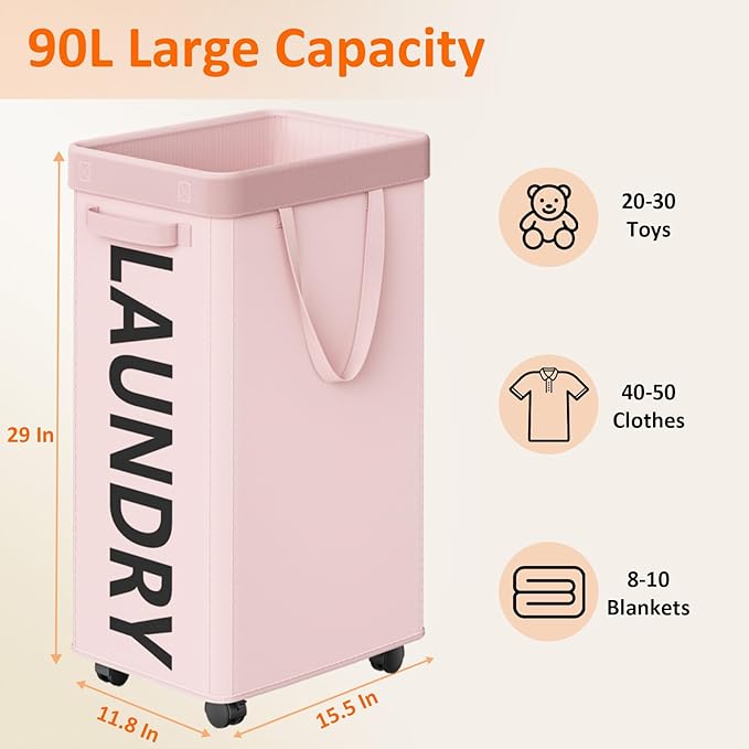 Pink Laundry Basket with Wheels, 90L Rolling Laundry Hamper with Wheels, Nursery Hamper on Wheel with Removable Mesh Bag for Clothes, Bedroom, Bathroom, Dorm
