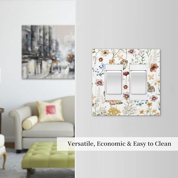 Boho Multicolor Flower Butterfly Insect Floral Decorative Outlet Covers 2 Gang Double GFCI Rocker Electrical Wall Panels Light Switch Cover Plate for Bedroom Living Room Decor