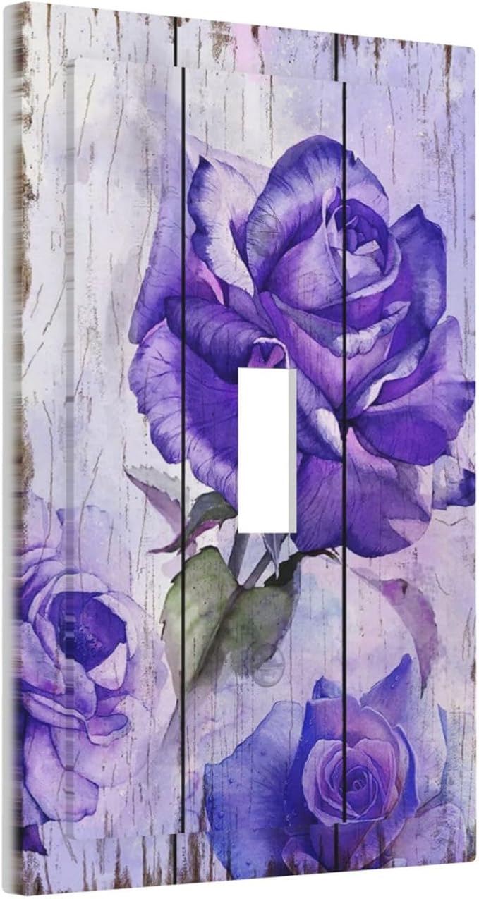 Light Switch Cover Purple Rose Flower Rustic Wood Plank 1 Gang Wall Plate Cover Single Toggle Outlet Covers Decorative Switchplate Electrical Faceplate for Farmhouse Bathroom Decor