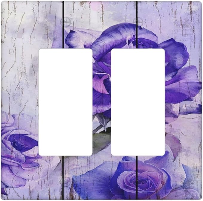 Outlet Covers Purple Rose Flower Rustic Wood Plank 2 Gang Wall Plate Double Rocker Light Switch Cover Decorative GFCI Receptacle Cover Electrical Switchplate for Farmhouse Bathroom Decor