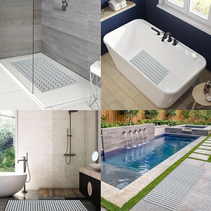 Bath Mat Non Slip Shower Mat Bathtub with Drain Holes and Heavy Duty Rubber No Suction Cups Sturdy Shower Stall Tub Mat for Bathroom, Shower Floor, Pool, SPA, (Grey, 2FT X 49FT)