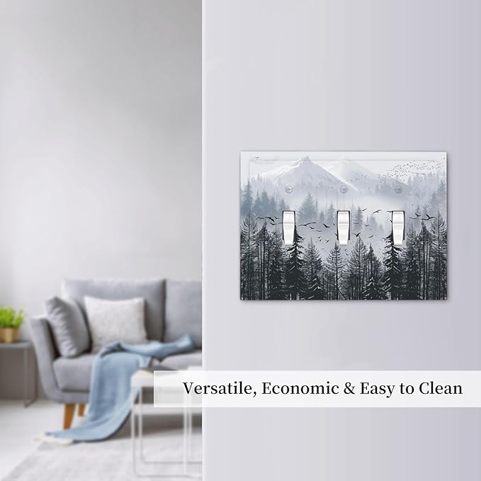 Misty Forest Nature Tree Mountain Birds Decorative Switch Plates 3 Gang Wall Plate Triple Toggle Light Switch Cover Faceplate Electrical Wall Panels for Bed Room Living Room Decor