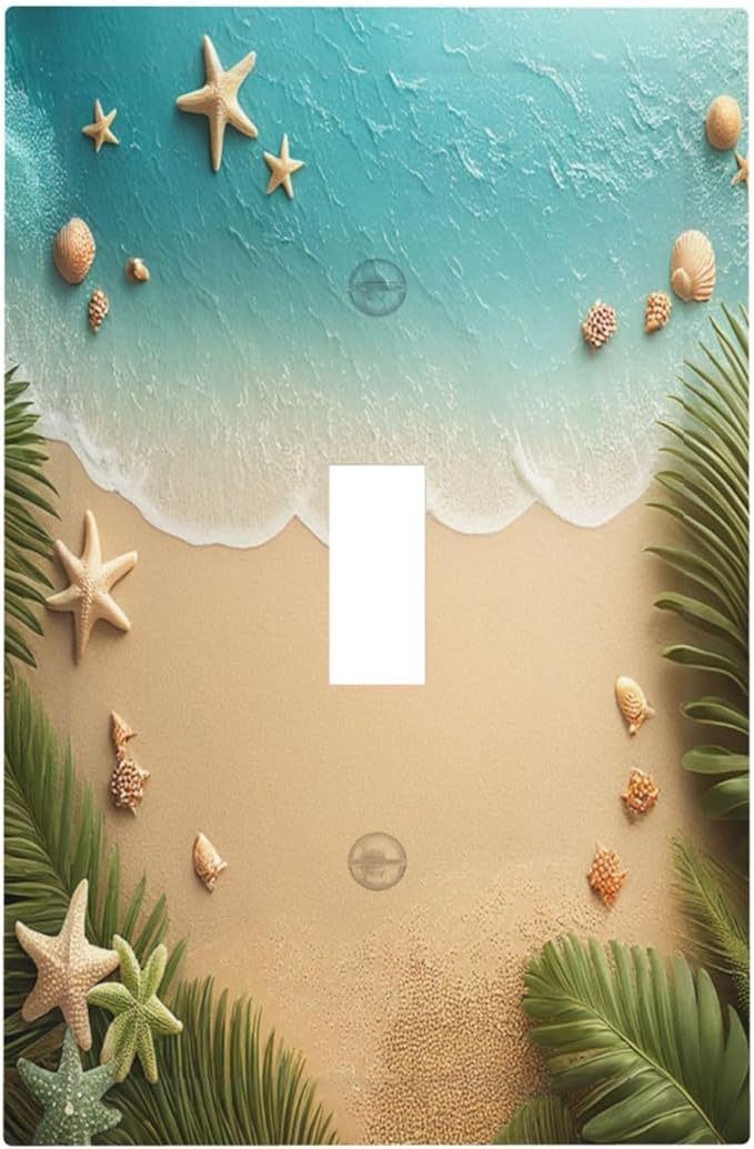 Decorative Light Switch Cover Summer Beach Themed Starfish Seashells 1 Gang Single Toggle Device Electrical Faceplate Switchplates Decorator Outlet Wall Plate for Bedroom Bathroom Decor