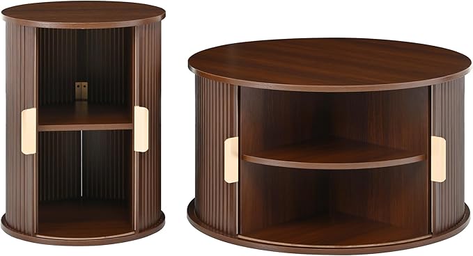 Merax Round Coffee Table Set with Storage, Fluted Center Tables with Sliding Cabinet Door for Living Room, Home, Office, Small Center Table,Walnut