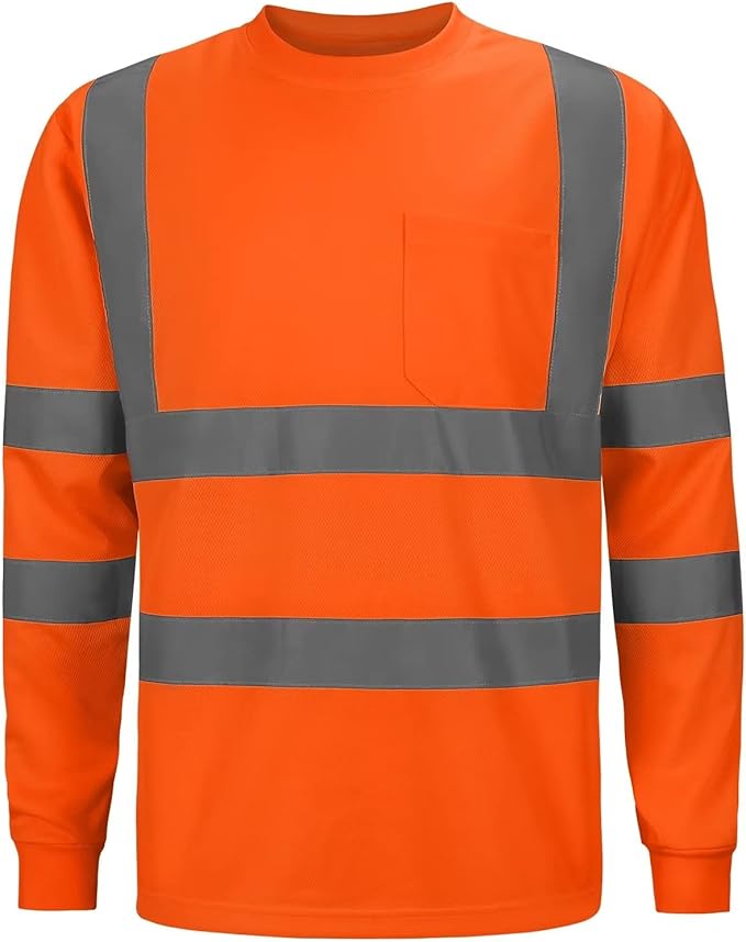 High Visibility Class 3 T Shirts，Hi Vis Safety Shirts with Reflective Strips and Pocket, Long Sleeve Quick Dry Mesh Construction Work Shirt for Men/Women Orange,Medium
