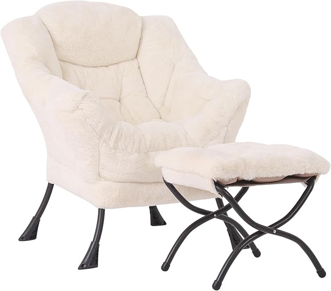 Lazy Chair with Ottoman, Modern Accent Lounge Armchair with Side Pocket & Foldable Footstool, Leisure Reading Chair for Living Room, Bedroom, Dorm & Office, Plush Beige