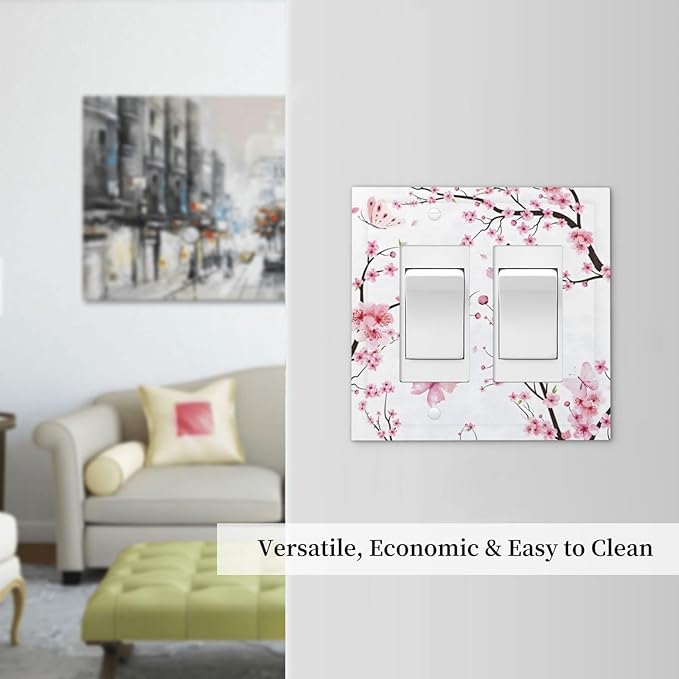 Cherry Floral Watercolor Pink Flowers Butterfly Decorative Outlet Covers 2 Gang Double GFCI Rocker Electrical Wall Panels Light Switch Cover Plate for Bed Room Living Room Decor