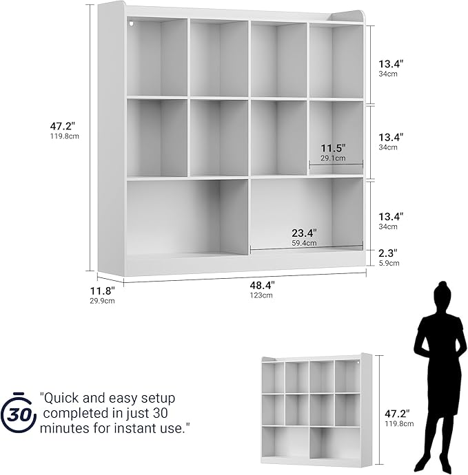 Cozy Castle Bookshelf, 3-Tier Open Bookshelf, 10 Cube Horizontal Bookcase, Storage Organizer with Anti-Tilt Device, Wood Bookcase for Home Office, Bedroom, Living Room, White
