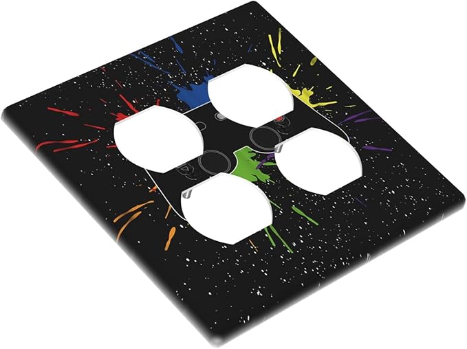 Classic Videogames Controller Black Splash Ink Colorful Outlet Covers 2 Gang Double Duplex Decorative Light Switch Covers Electrical Wallplates Socket Faceplate for Kids Room Nursery Decor