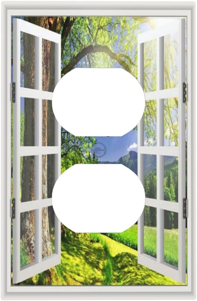 Outlet Covers Window View Green Rustic Nature Wilderness 1 Gang Duplex Light Switch Cover Plate Decorative Wall Plates Electrical Switchplate Receptacle Cover for Bathroom Bedroom Decor