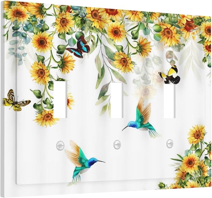 Yellow Sunflower Blue Hummingbird Butterfly 3 Gang Light Switch Covers Decorative Rustic Farmhouse Floral Plant Triple Toggle Wall Plate Cover 3 Hole Electrical Device Switchplate for Bathroom