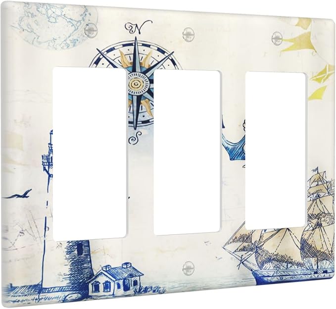 Nautical Sailboat Lighthouse Compass Anchor Triple Rocker Outlet Covers Decorative 3 Gang Light Switch Cover Plate Rustic Gfci Electrical Switchplate Receptacle Wall Plate for Bathroom Decora