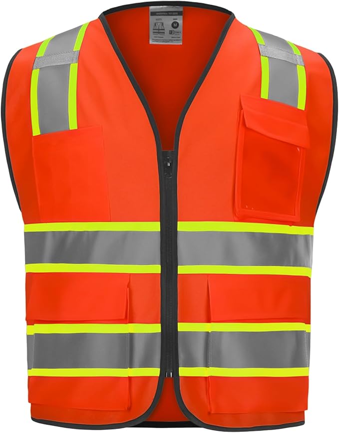 9 Pockets Hi Vis Safety Vest with Reflective Strips & Zipper Construction for Men & Women - Orange, 3XL