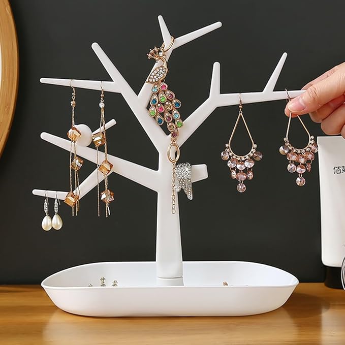 Tabletop Key Holder Stand Tree Key Rack,Stand Jewelry Display Necklace Ring Earring Holder Rack,Jewelry Organizer Tray Home Decor for Home Entryway (White)