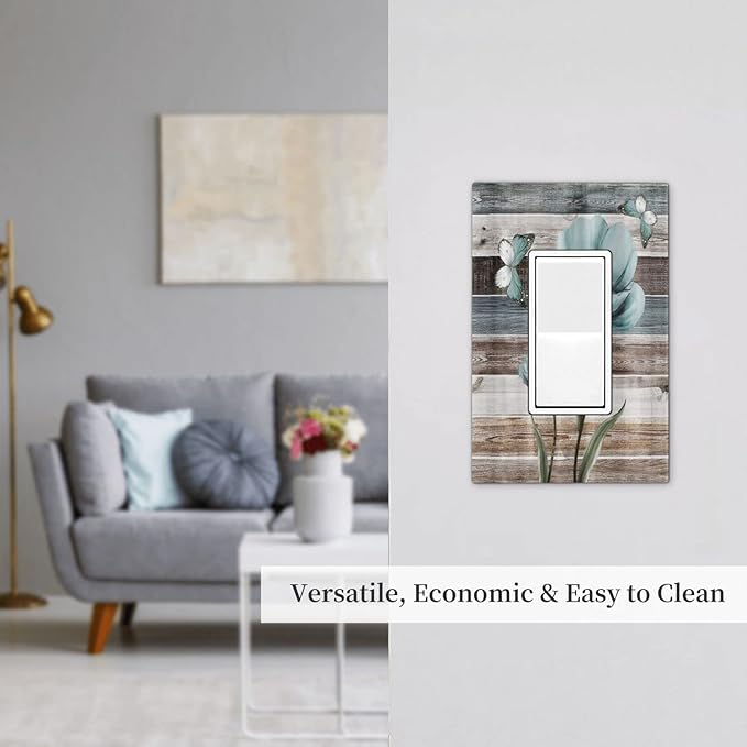 Rustic Vintage Teal Floral Barn Wood Single Rocker Decora Light Switch Cover 1 Gang Outlet Cover Decorative Wall Plate Turquoise Flower Butterfly Gfci Electrical Switchplate for Farm Bathroom