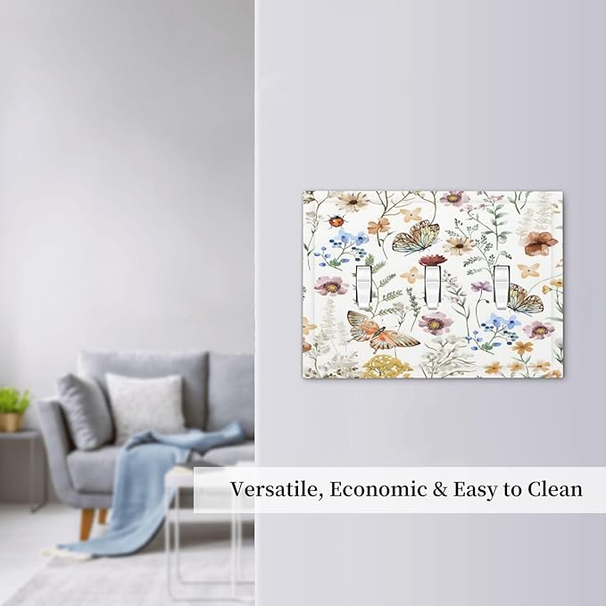 Boho Multicolor Flower Butterfly Insect Floral Decorative Switch Plates 3 Gang Wall Plate Triple Toggle Light Switch Cover Faceplate Electrical Wall Panels for Bedroom Living Room Decor