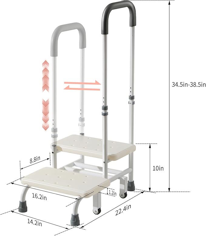 NOVII Step Stool with Wheels and Storage Bag for Elderly, 2 Step Stool with Handle,Adjustable Bed Steps for High Beds for Adults,Portable Footstool for Bedroom, Kitchen, Bathroom (White)