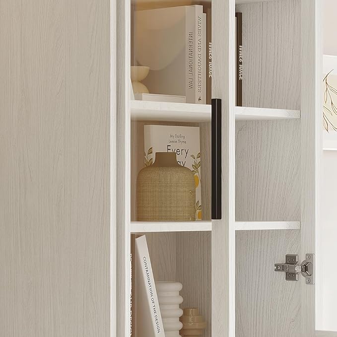 TUSY 70.9“ H Bookshelf with Glass Doors, 5-Tier Display Curio Cabinet with Drawers, Narrow Display Bookcase for Home, Office, Clinic, Pantry (White, C)