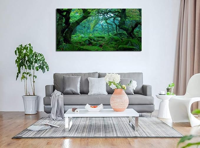 Green Forest Canvas Wall Art Living Room Decoration Big Trees Nature Picture Large Modern Canvas Artwork Contemporary Woods Mossy Rock Spring Season Prints for Kitchen Office Home Decoration 29" x 58"