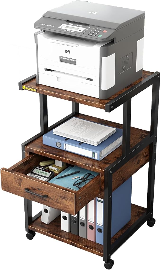 Printer Stand, 3-Tier Mobile Printer Cart, 31.5 x 14.96 x 17.72 Inches Square Printer Table with Storage Rack, Rolling Printer Table with Industrial Wheels for Home Office, Brown