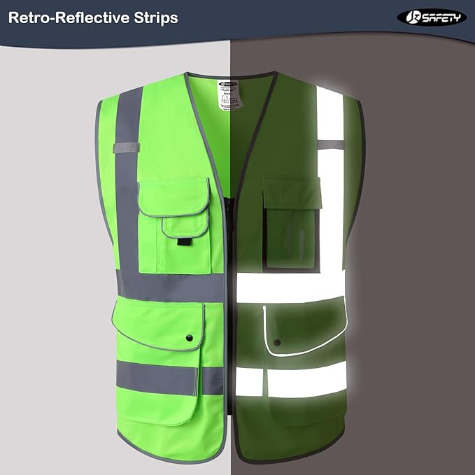 JKSafety 9 Pockets Class 2 High Visibility Zipper Front Safety Vest With Reflective Strips, Meets ANSI/ISEA Standards (Medium, 150-Green)