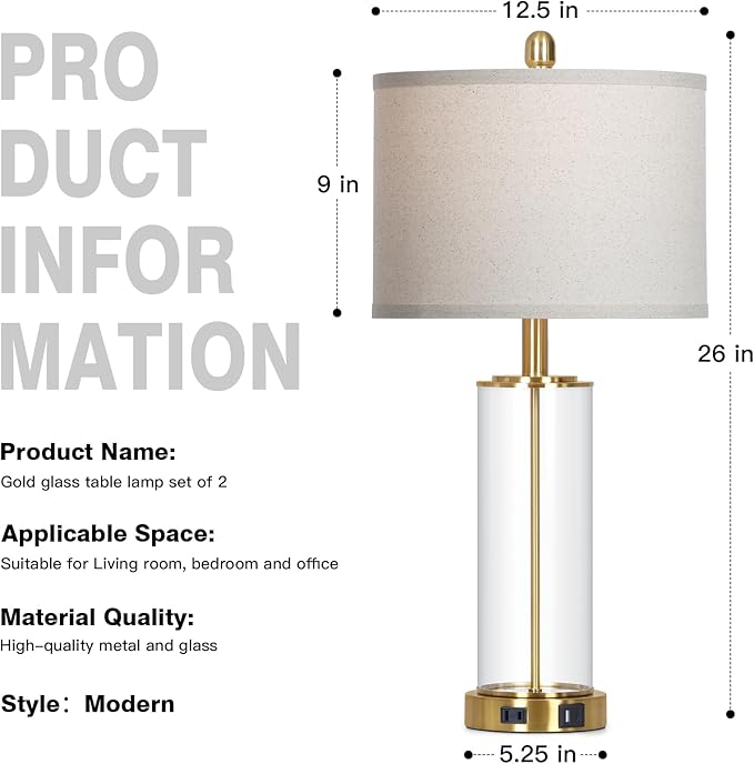 26" Gold Glass Table Lamp for Living Room Single, 3-Way Dimmable Touch Control Bedroom Lamps with USB C+A Ports & AC Outlet, Modern Bedside Lamp for Nightstand Side End Table (Bulb Included)
