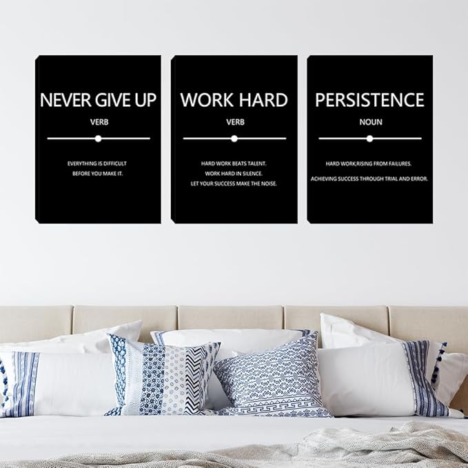 Motivational Office Wall Art Decor Inspirational Work Hard Canvas Wall Art 3 Pieces Entrepreneur Success Quote Posters Prints Wall Paintings Picture Home Bedroom Framed Artwork 12"x16"x3