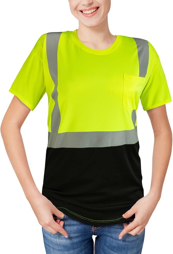 High Visibility Shirts Quick Dry Safety T Shirts with Reflective Strips and Pocket Short Sleeve Mesh Hi Vis Construction Work Class 2 Shirt for Men/Women Black Bottom Lime,5XL
