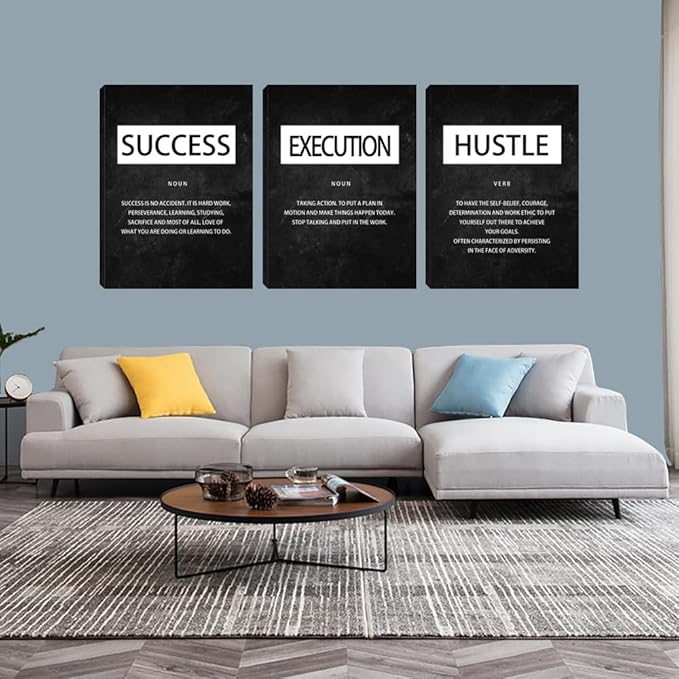 Unbruvo Motivational Canvas Wall Art - 3 Panel Inspirational Wall Decor, Hustle Success Office Decor, Hustle Success Poster for Living Room, Bedroom, Classroom(60" Wx28 H)
