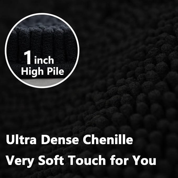 BOANKODU Bathroom RugsSets 2 Piece，59X24+16X24Inch，Absorbent Non-Slip Very Soft Chenille Mat,Machine Washable （Black）