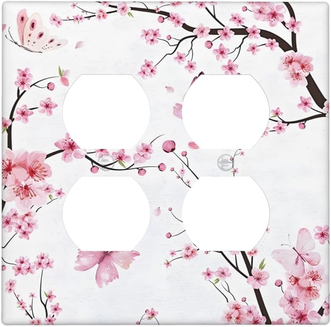 Cherry Floral Watercolor Pink Flowers Butterfly Outlet Covers 2 Gang Double Duplex Decorative Light Switch Covers Electrical Wallplates Socket Faceplate for Bed Room Living Room Decor