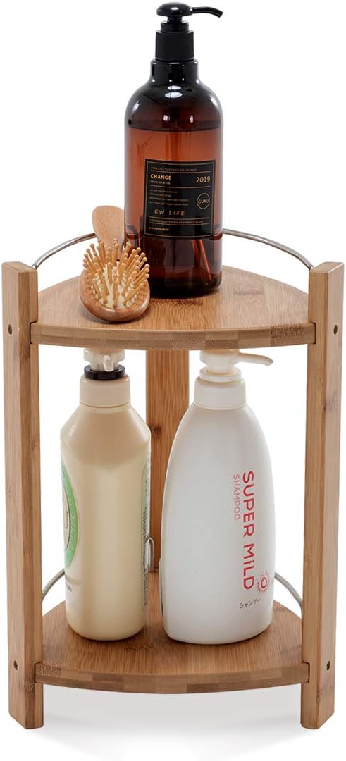 GOBAM Bamboo Shower Corner Caddy, Medium - 2 Tier Bathroom Organizer Countertop for Shampoo, Conditioner, Lotion, Soap - Standing Shower Stand for Kitchen, Bedroom, or Office