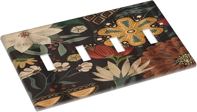 Boho Floral Tropical Leaves Quad Toggle Artistic Light Switch Covers Decorative Bohemian Flowers Botanical 4 Gang Wall Plates Cover 4 Hole Electrical Device Switchplates for Country Bathroom