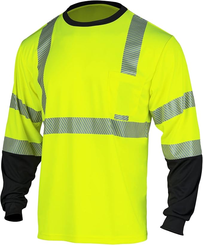 VENDACE Safety Reflective Hi Vis Long Sleeve Shirts for Men ANSI Class 3 High Visibility Construction Work T Shirts (Yellow,L)