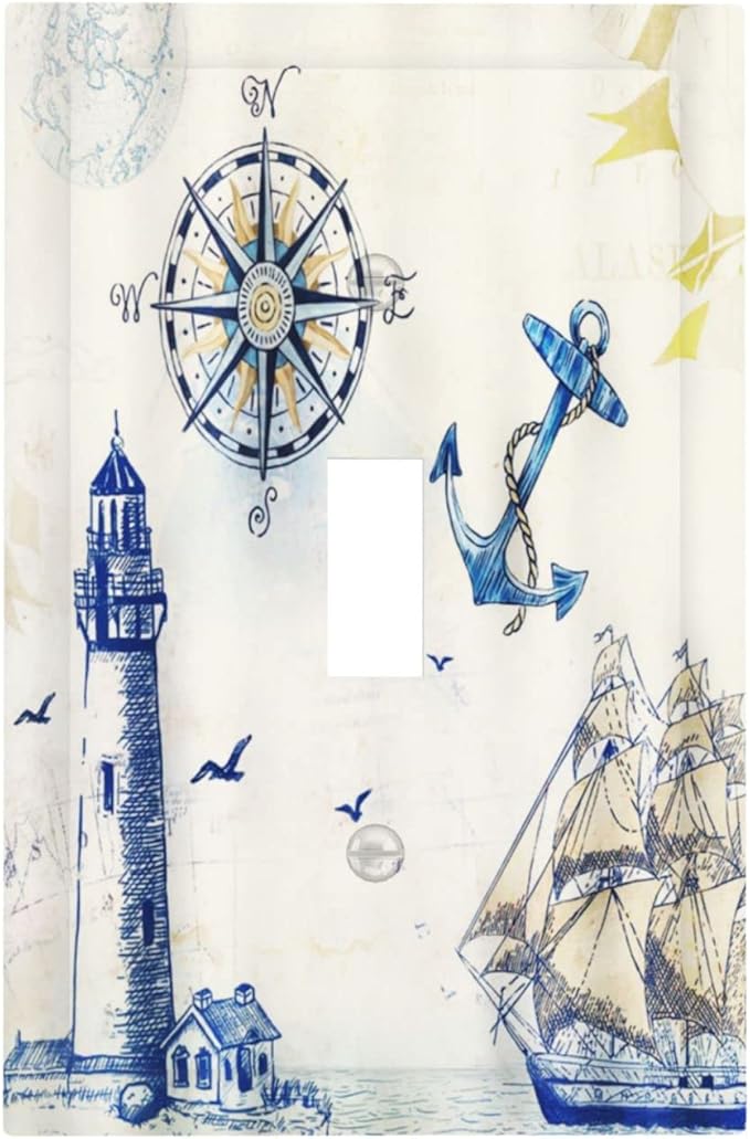 Nautical Sailboat Lighthouse Compass Anchor Single Toggle Light Switch Cover Plate Decorative 1 Gang Wall Plates Cover Rustic Electrical Device Switchplate Faceplate for Country Bathroom Decor