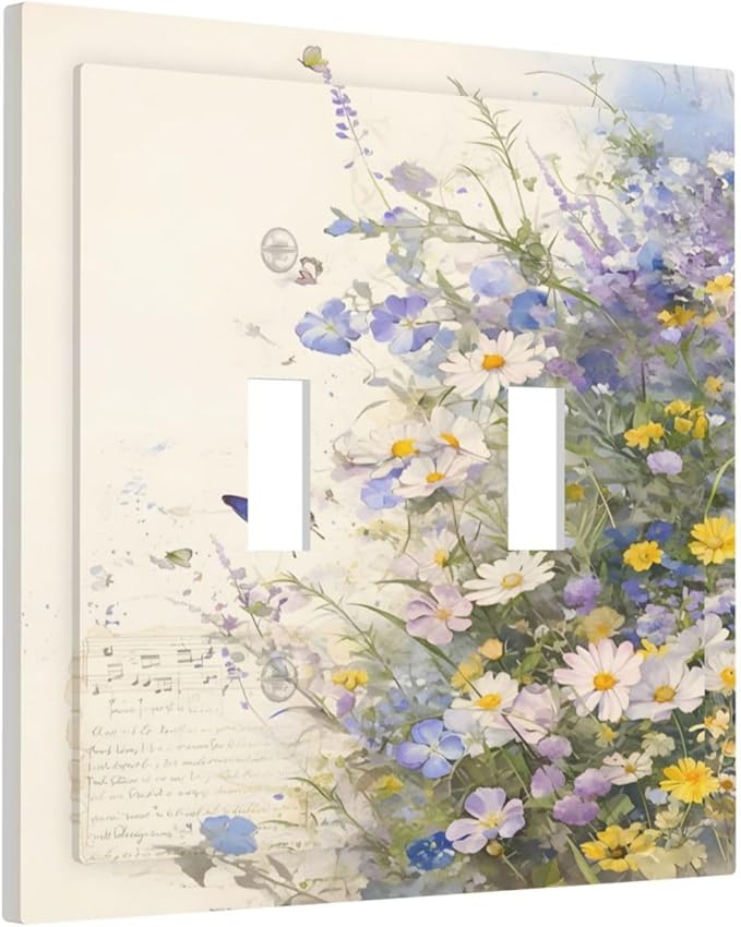 Decorative Light Switch Cover Plate Purple Flower Butterfly Yellow Daisy 2 Gang Switch Plate Covers Double Toggle Wall Plate Dual Device Faceplate for Bathroom Decor