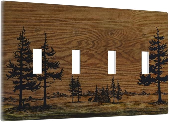 Decorative Switch Plate Covers Rustic Farmhouse Brown Board Pine Tree Wood Grain 4 Gang Light Switch Cover Plate Quad Toggle Wall Plate Light Switch Covers for Bathroom Decor
