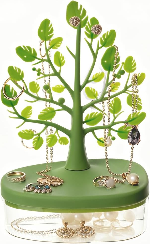 Jewelry Display Tree Necklace Earring Organizer Holder,Tree Tower Rack with Storage Box Drawer,Double Shelf Hanging Organizer for Ring Earrings Necklace Bracelet Key