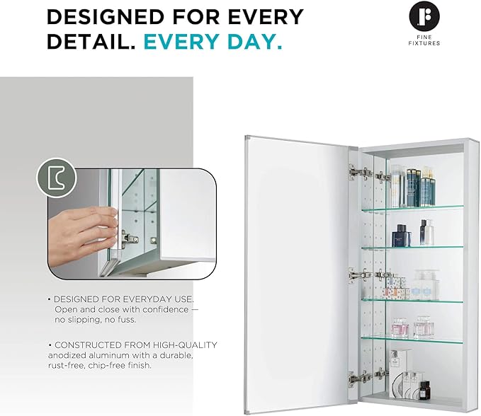 Fine Fixtures Bathroom Medicine Cabinet, Aluminum, Recessed/Surface Mount, 15" x 40", Right/Left Hinged, Mirrored Interior