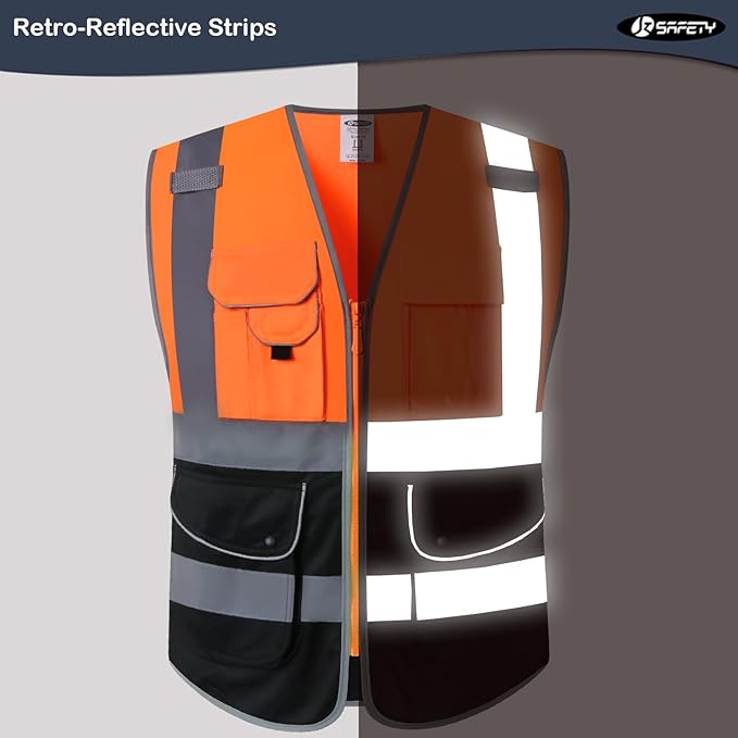 JKSafety 9 Pockets Class 2 High Visible Reflective Safety Vest Zipper Front Breathable Lining Orange-Black Meets ANSI/ISEA Standards(150-Orange-Black,XXL