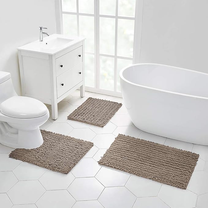 Walensee Large Bathroom Rug Non Slip Bath Mat (72x24 Inch Taupe) Water Absorbent Super Soft Shaggy Chenille Machine Washable Dry Extra Thick Perfect Absorbant Best Plush Carpet for Shower Floor