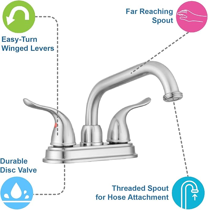 Pacific Bay Treviso Utility Laundry Sink Faucet, Threaded Brass Spout Hose End, Swivel Spout, 2-Handle Levers, Centerset (Brushed Satin Nickel Plated)