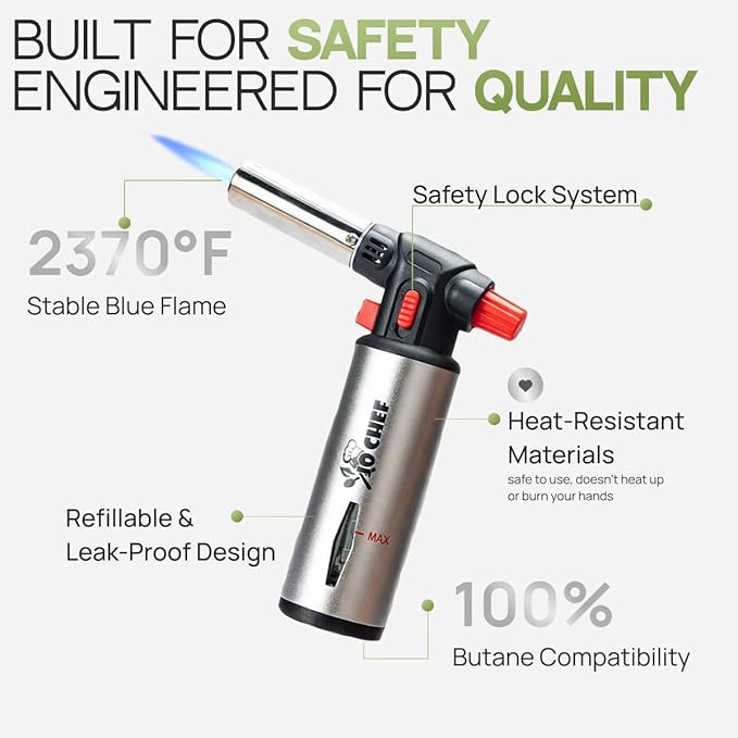 Jo Chef Kitchen Torch with Butane Included – Refillable Lighter with Safety Lock & Adjustable Flame, Blow Culinary Torch for Cooking, BBQ, Creme Brulee, DIY and Soldering - 1 Can (3.38oz) Included