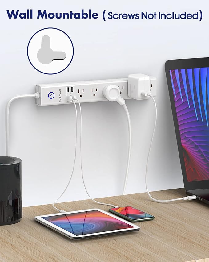 Power Strip 10Ft - Surge Protector with USB, AUOPLUS 6 Outlet and 4 USB Charger, 10Ft Long Extension Cord Flat Plug(1250W/10A/2100J), Wall Mountable Overload Protection for Computer Home Office Dorm